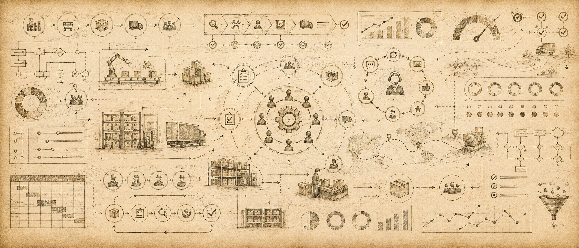 Vintage-style infographic with various icons and charts on a beige background