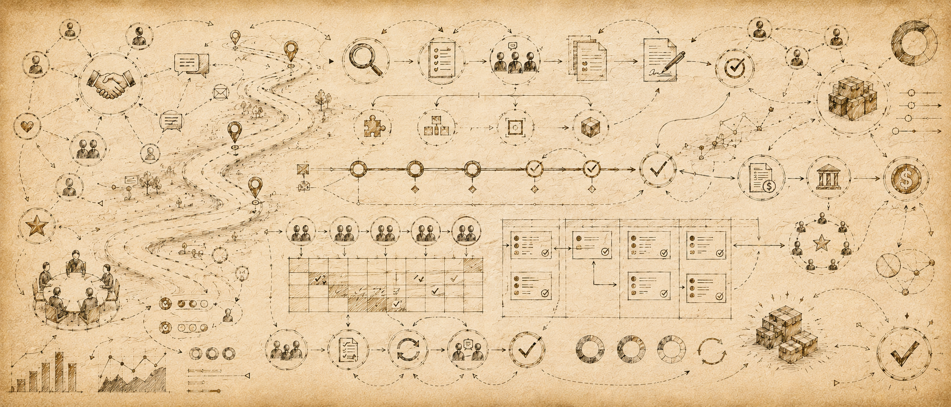 Vintage-style diagram with various icons and illustrations on a beige background
