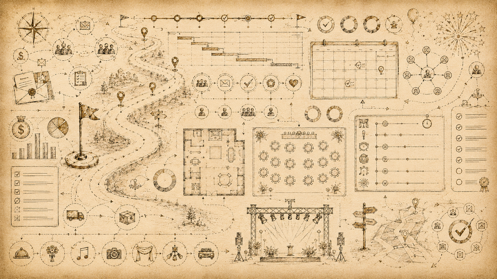 Vintage-style diagram with various icons and illustrations on a beige background