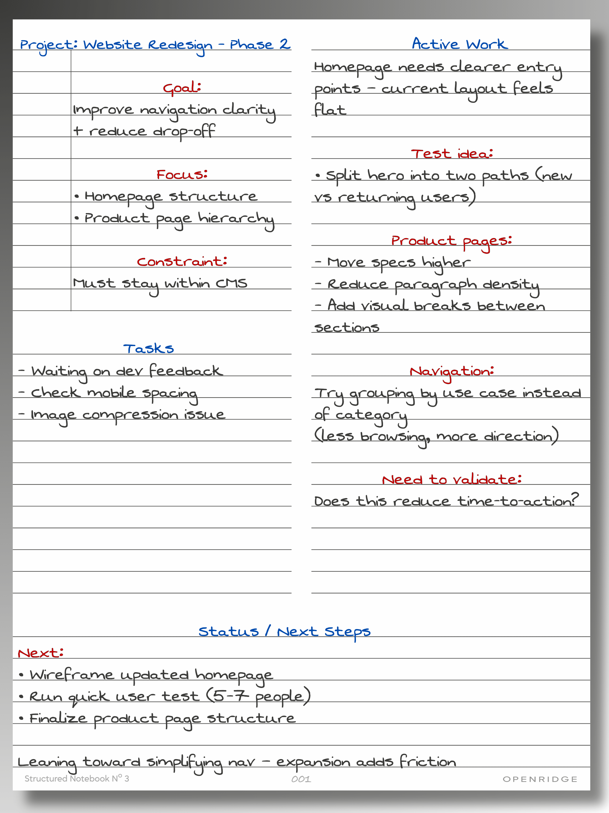 Handwritten project execution notes on white background.