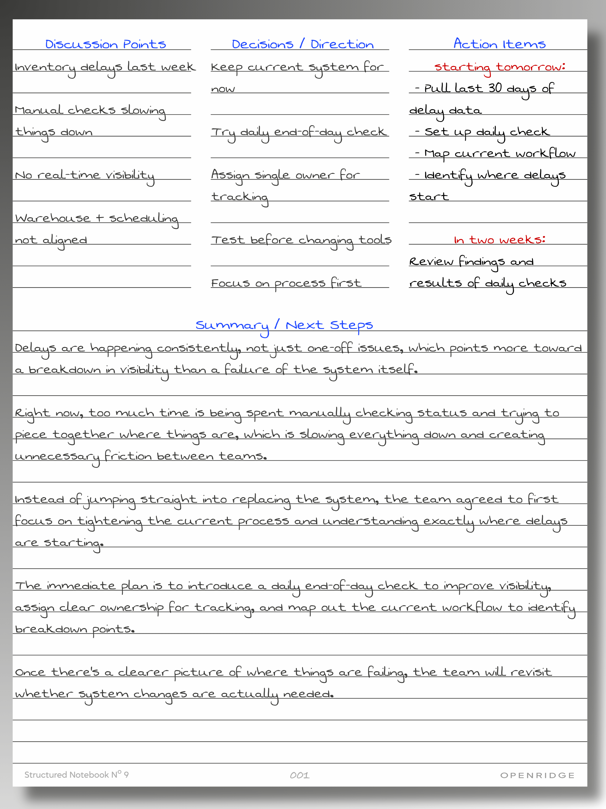 Handwritten meeting notes on a white background