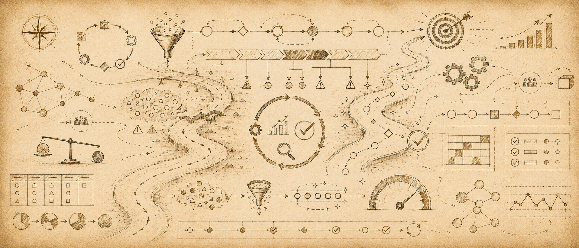 Vintage-style infographic with various icons and illustrations on a beige background