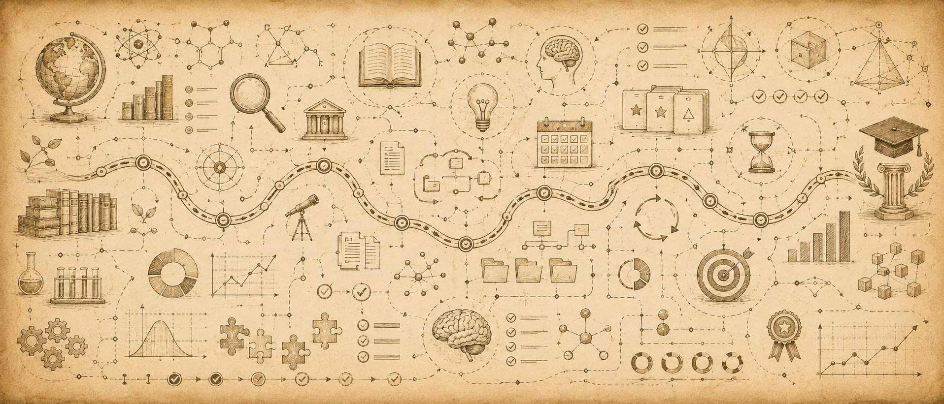 Collection of educational and scientific icons on a vintage brown background