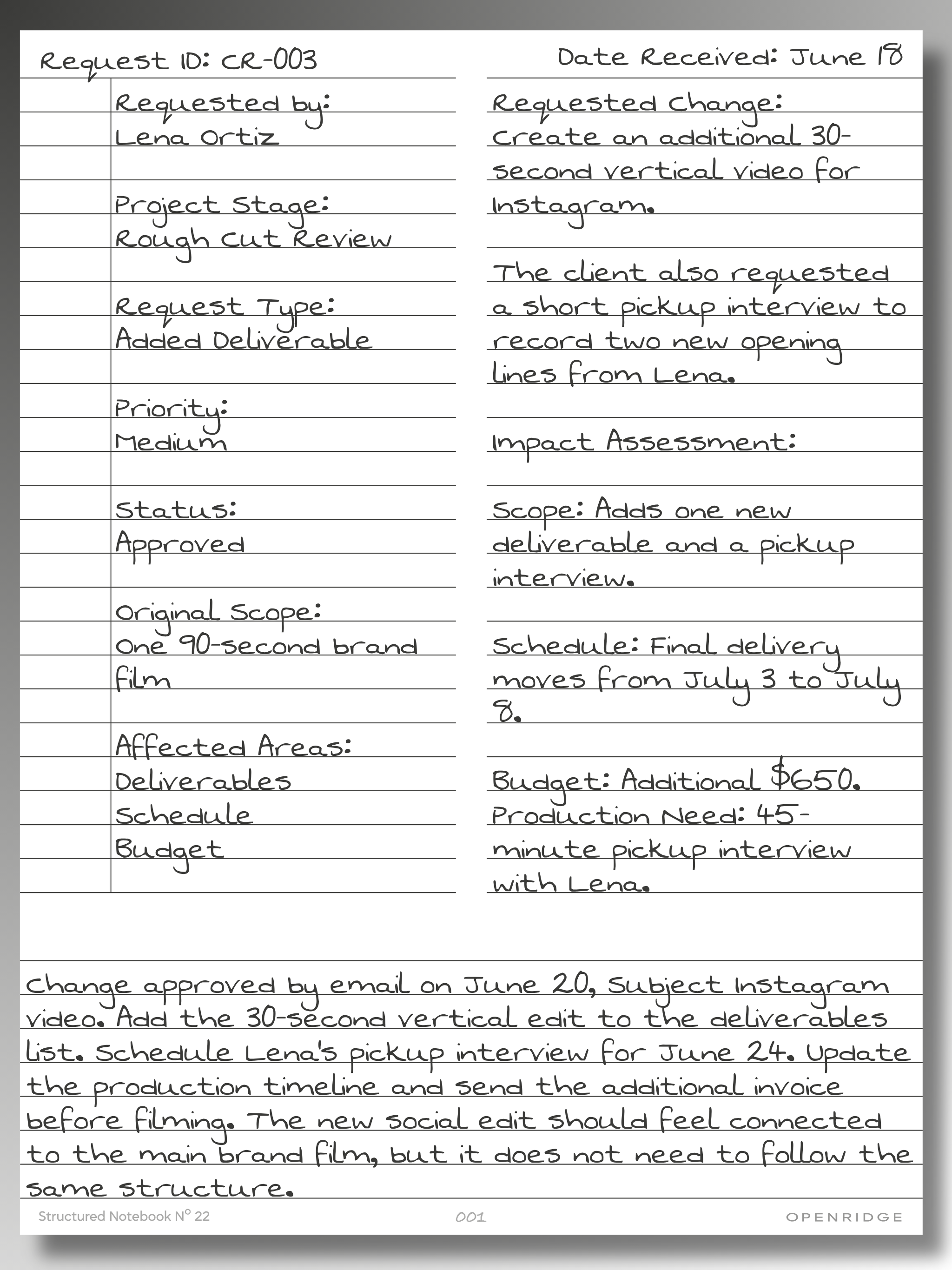 Change Request Log showing an approved client request for a new vertical social video and pickup interview.