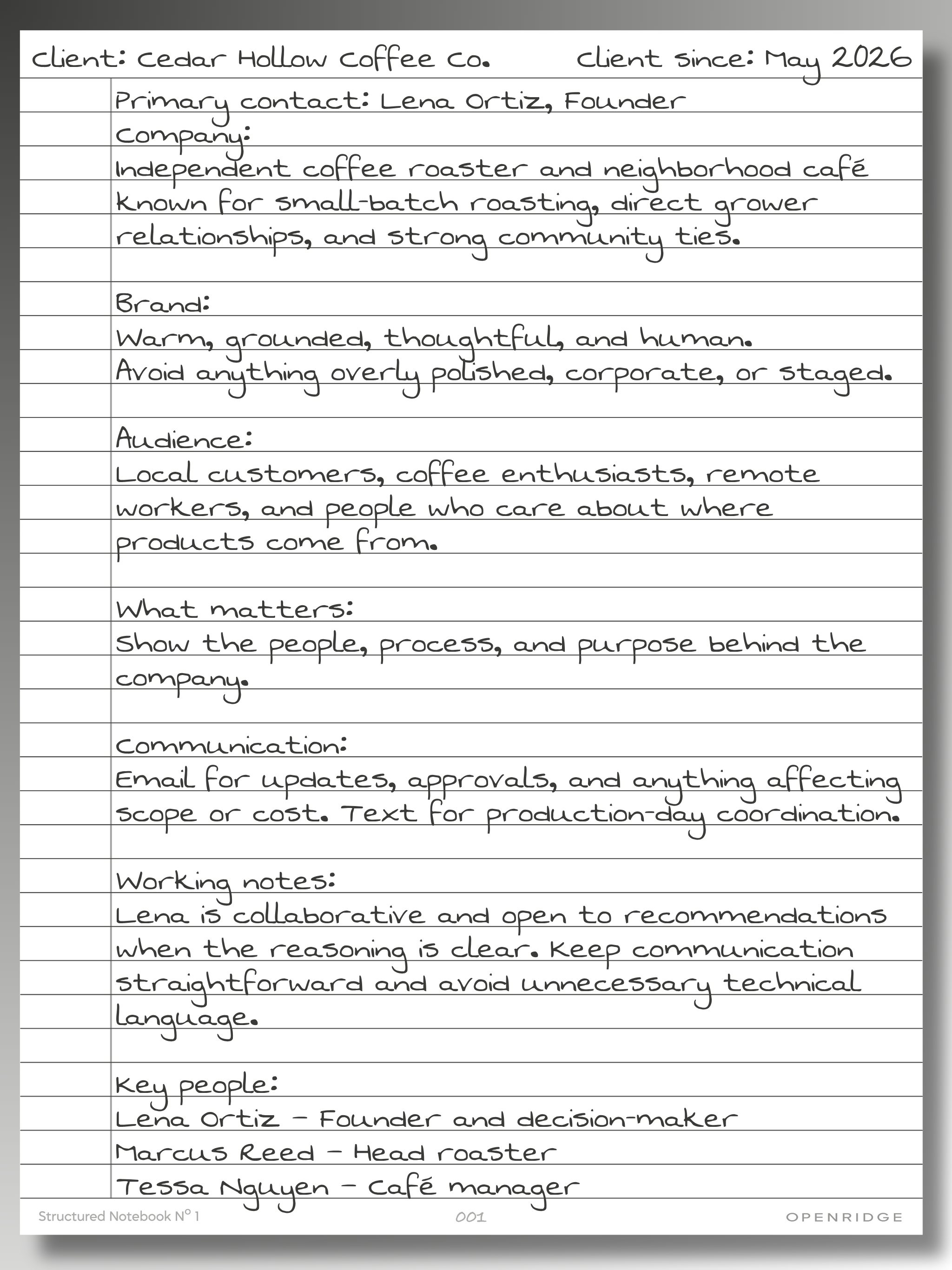 Client Profile with company details, brand characteristics, communication preferences, and key contacts.