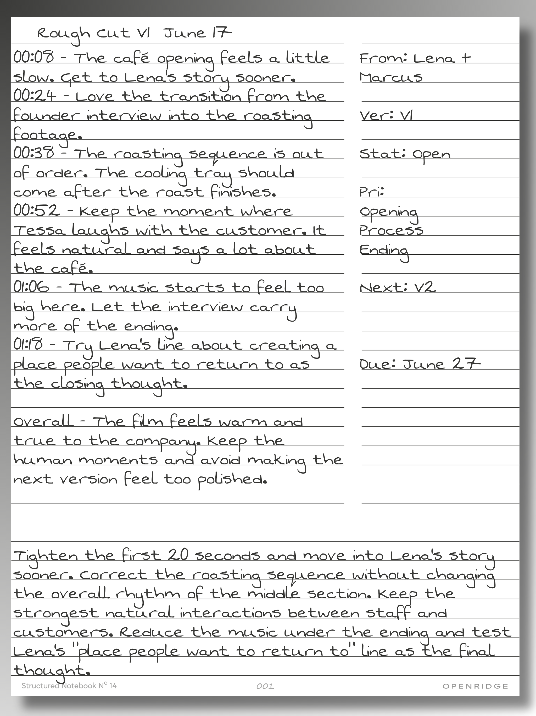 Feedback Notebook organizing timestamped client feedback and revision direction for the first rough cut of a brand video.