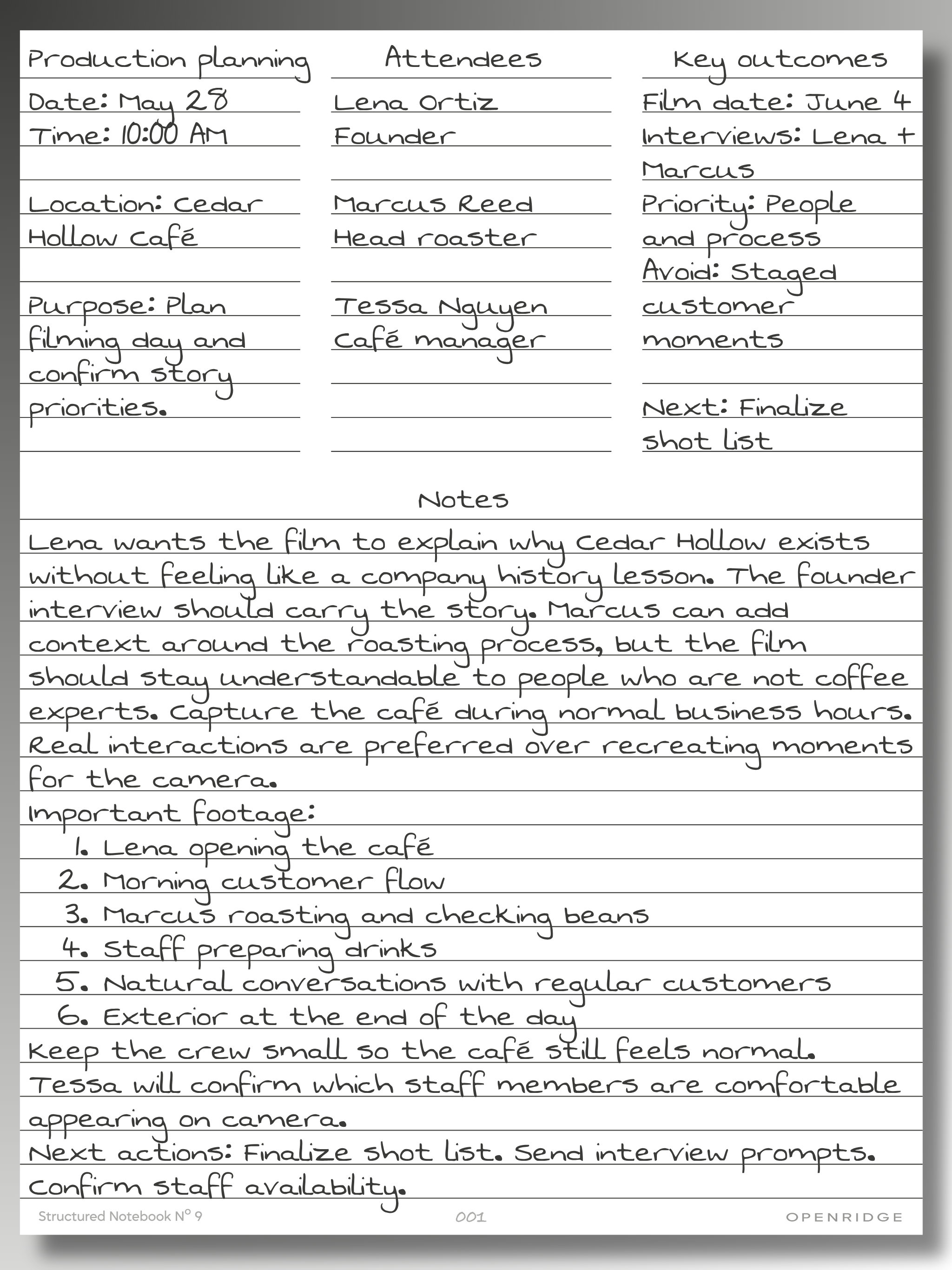 Meeting Notes from a production planning meeting covering filming priorities, attendees, footage needs, and next actions.