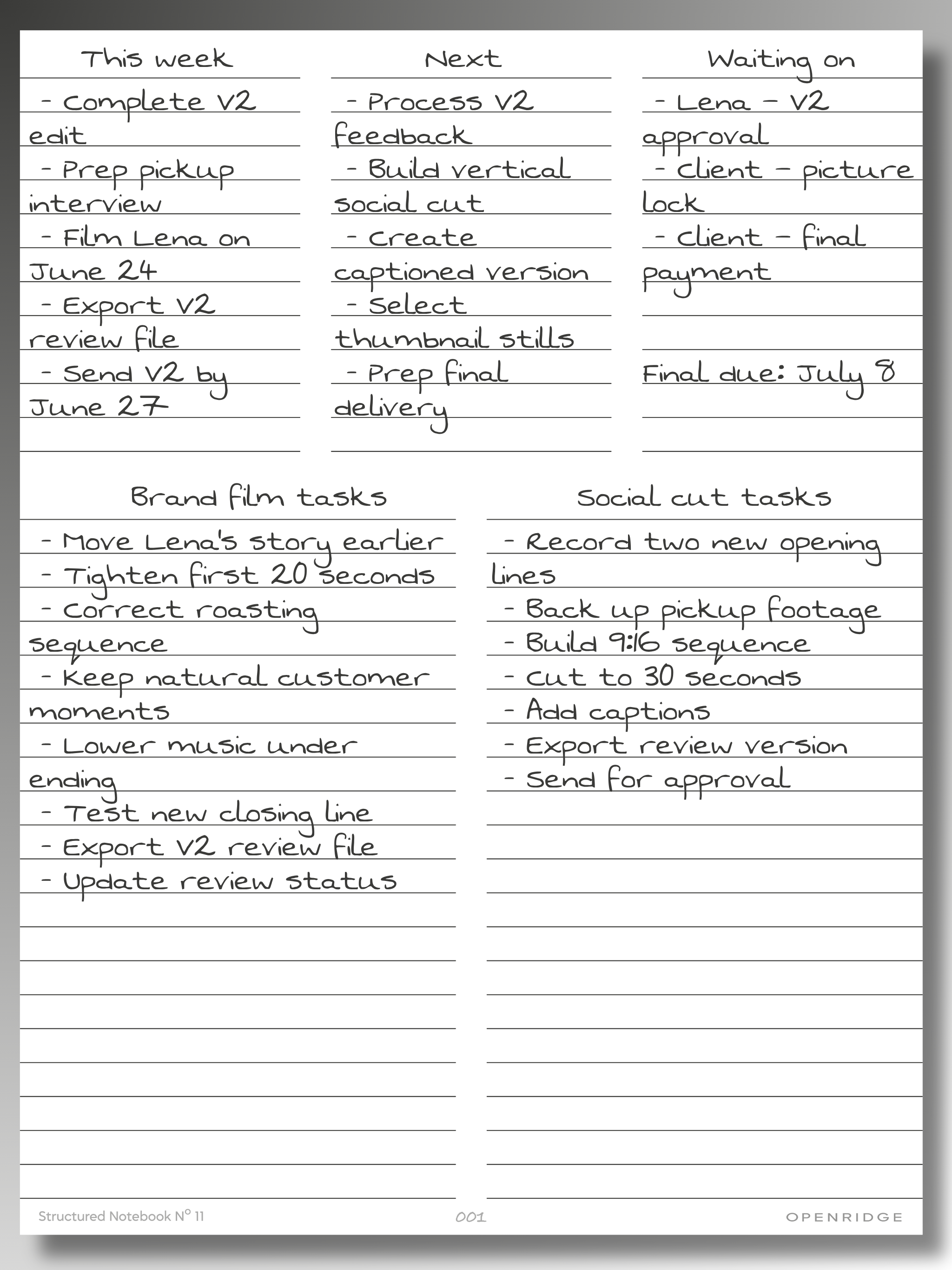 Task Notebook organizing current, upcoming, and waiting tasks for a client brand film and vertical social cut.
